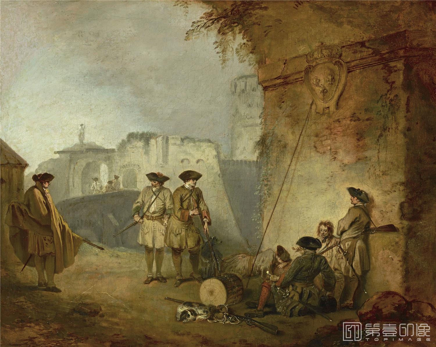 油画-美国弗里克美术馆藏画-Jean-Antoine Watteau - The Portal of Valenciennes, 1709-1710-107